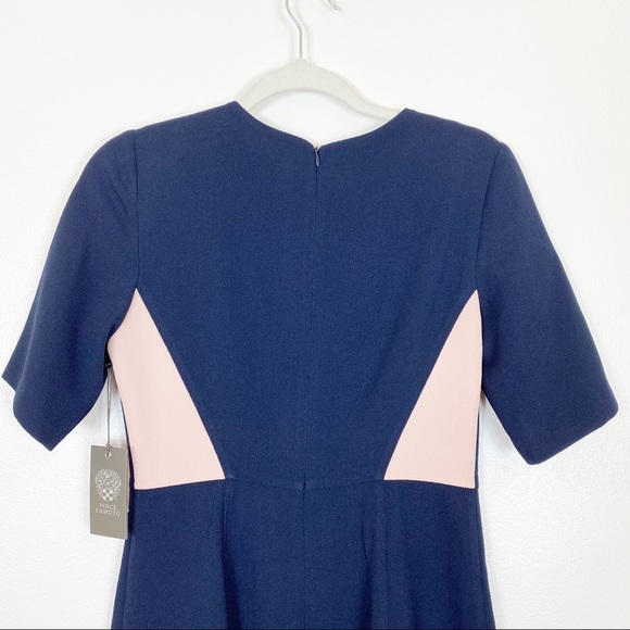 Vince Camuto Crepe Elbow Sleeve Color Block Navy and Pink Dress - Picture 8 of 12